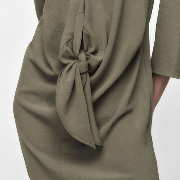 ZARA Fluid Knot Sage Green 3/4 Sleeve Draped Pleated Front Slit Midi Dress M - Picture 6 of 13